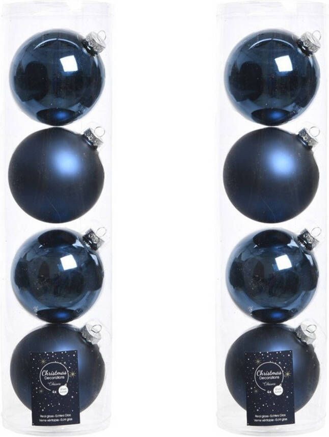 Decoris Tubes met 8x donkerblauwe kerstballen van glas 10 cm glans en mat Kerstbal