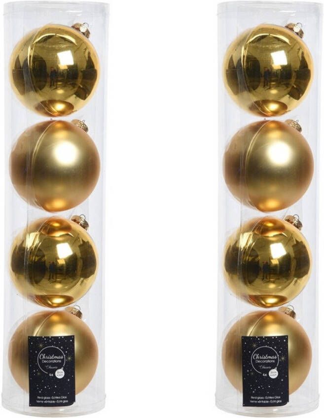 Decoris Tubes met 8x gouden kerstballen van glas 10 cm glans en mat Kerstbal