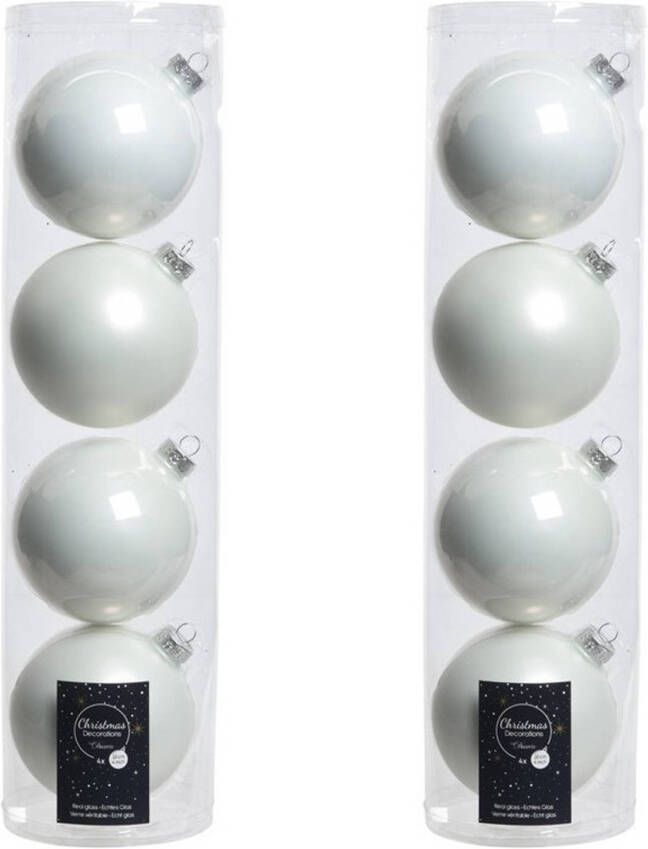 Decoris Tubes met 8x winter witte kerstballen van glas 10 cm glans en mat Kerstbal