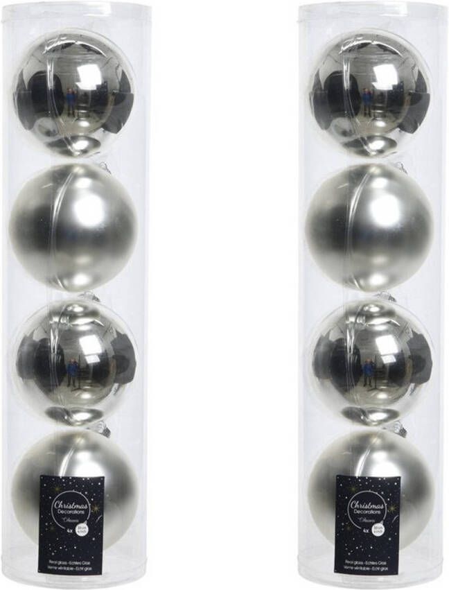 Decoris Tubes met 8x zilveren kerstballen van glas 10 cm glans en mat Kerstbal