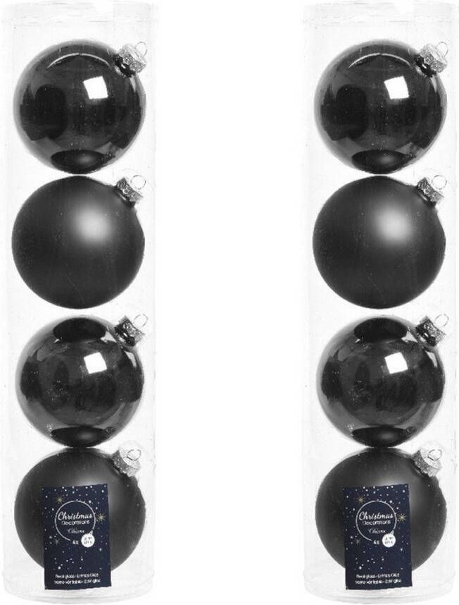 Decoris Tubes met 8x zwarte kerstballen van glas 10 cm glans en mat Kerstbal