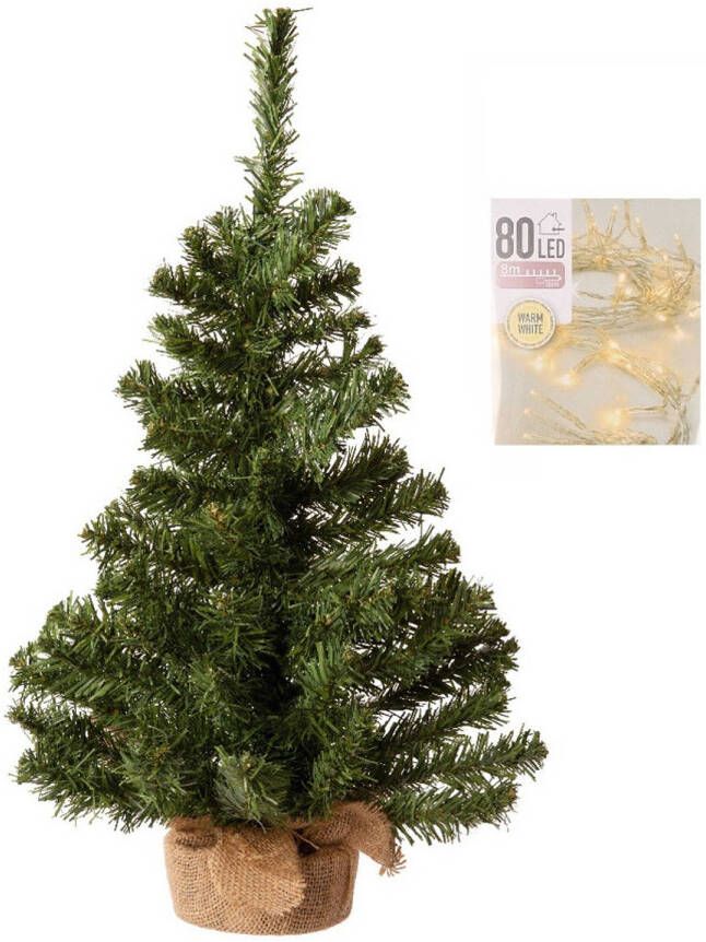 Decoris Volle kerstboom in jute zak 60 cm inclusief warm witte kerstverlichting Kunstkerstboom