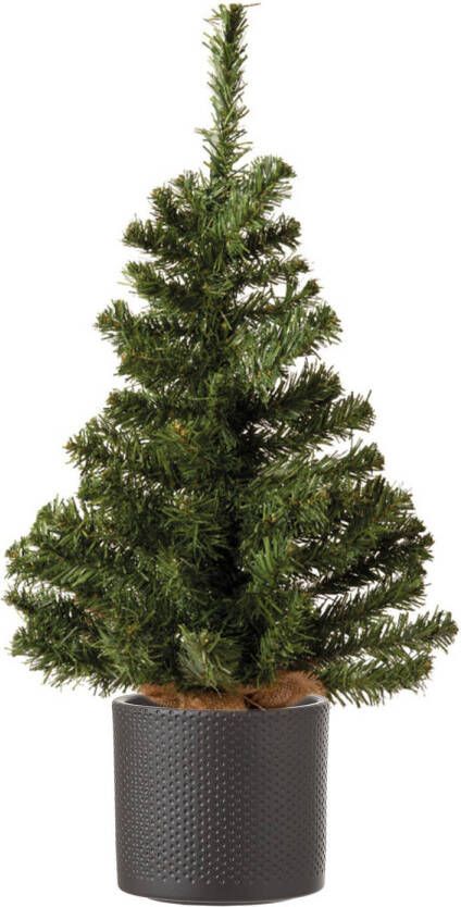 Decoris Volle mini kerstboom groen in jute zak 60 cm inclusief donkergrijze pot Kunstkerstboom