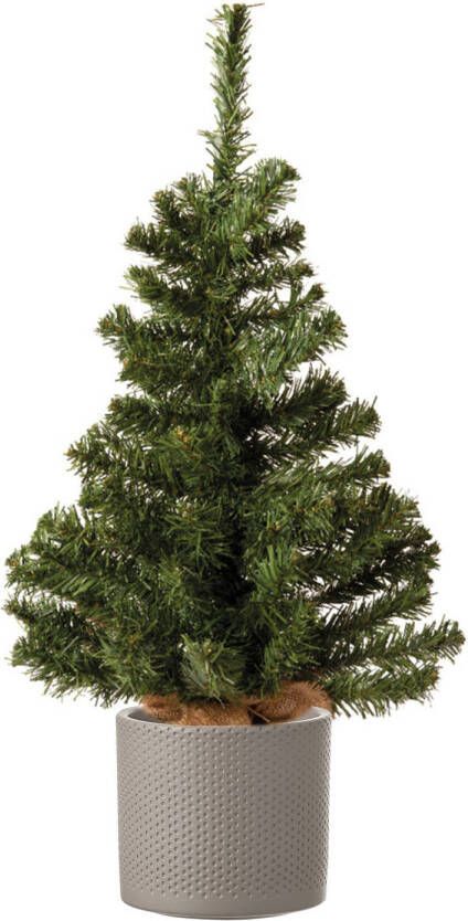 Decoris Volle mini kerstboom groen in jute zak 60 cm inclusief taupe pot Kunstkerstboom