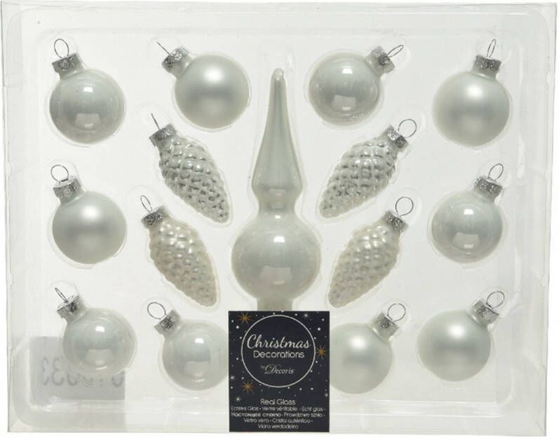 Decoris Winter witte glazen kerstballen 3 cm en piek set voor mini kerstboom 15-dlg Kerstbal