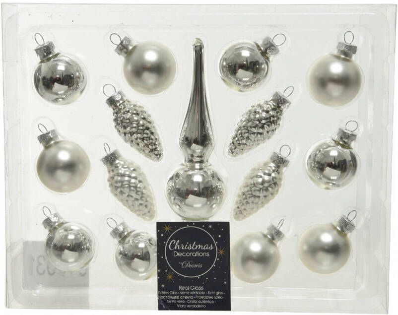 Decoris Zilveren glazen kerstballen 3 cm en piek set voor mini kerstboom 15-dlg Kerstbal