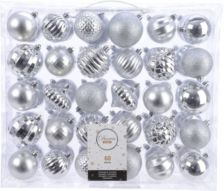 Decoris zilveren kerst kerstballen mix 60 delig Kerstbal