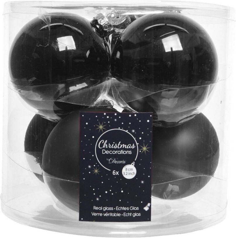 Decoris Zwarte kerstversiering kerstballenset 6x stuks van glas 8 cm Kerstbal
