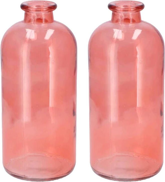 DK Design Bloemenvaas fles model 2x helder gekleurd glas koraal roze D11 x H25 cm Vazen