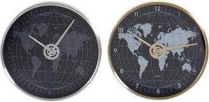 DKD Home Decor Muurklok 30 x 4 3 x 30 cm Kristal Zilverkleurig Zwart Gouden Aluminium Wereldkaart (2 Stuks)
