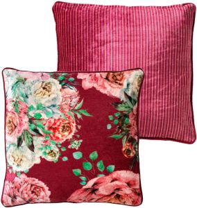 Dutch Decor MINOU Sierkussen 45x45 cm velvet bloemen red plum roze rood groen streepjes