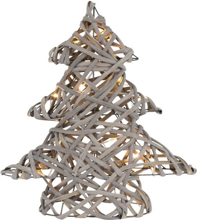 ECD Germany Deco kerstboom met 15 warm witte LED&apos;s 28x30 cm Grijs gemaakt van rotan en metaal