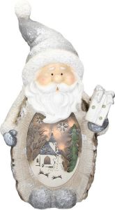 Ecd germany Kerstman Decoratie Figuur met LED-verlichting 52cm Warm wit met grijze hoed en sjaal houten look op batterijen voor binnen LED Kerst Decoratie Kerstfiguur Kersttafel Decoratie