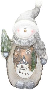 Ecd germany Sneeuwpop Figuur met LED-verlichting 53 cm Warm Wit met Grijze Muts en Sjaal Houten Look Werkt op batterijen voor Indoor LED Kerst Decoratie Kerstfiguur Kersttafel Decoratie