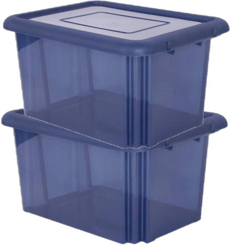 Eda 2x stuks kunststof opbergboxen opbergdozen donkerblauw transparant L58 x B44 x H31 cm stapelbaar Opbergbox