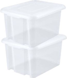 EDA 2x stuks kunststof opbergboxen opbergdozen wit transparant L65 x B50 x H36 cm stapelbaar Voorraad opberg boxen bakken met deksel Opbergbox
