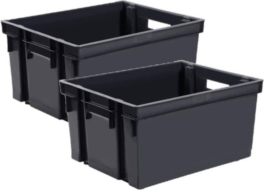 EDA 2x stuks kunststof opbergkratten stapelbaar zwart L44 x B35 x H24 cm 30 liter Stapelbare kratten Opbergbox