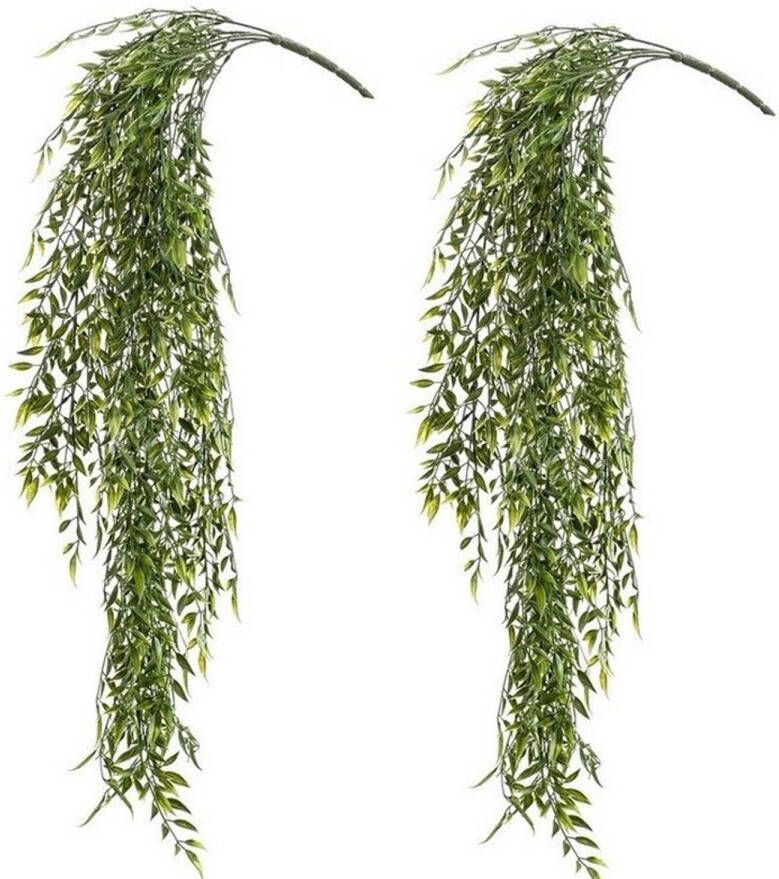 Merkloos 2x Kunstplant groene bamboe hangplant tak 80 cm UV bestendig Kunstplanten