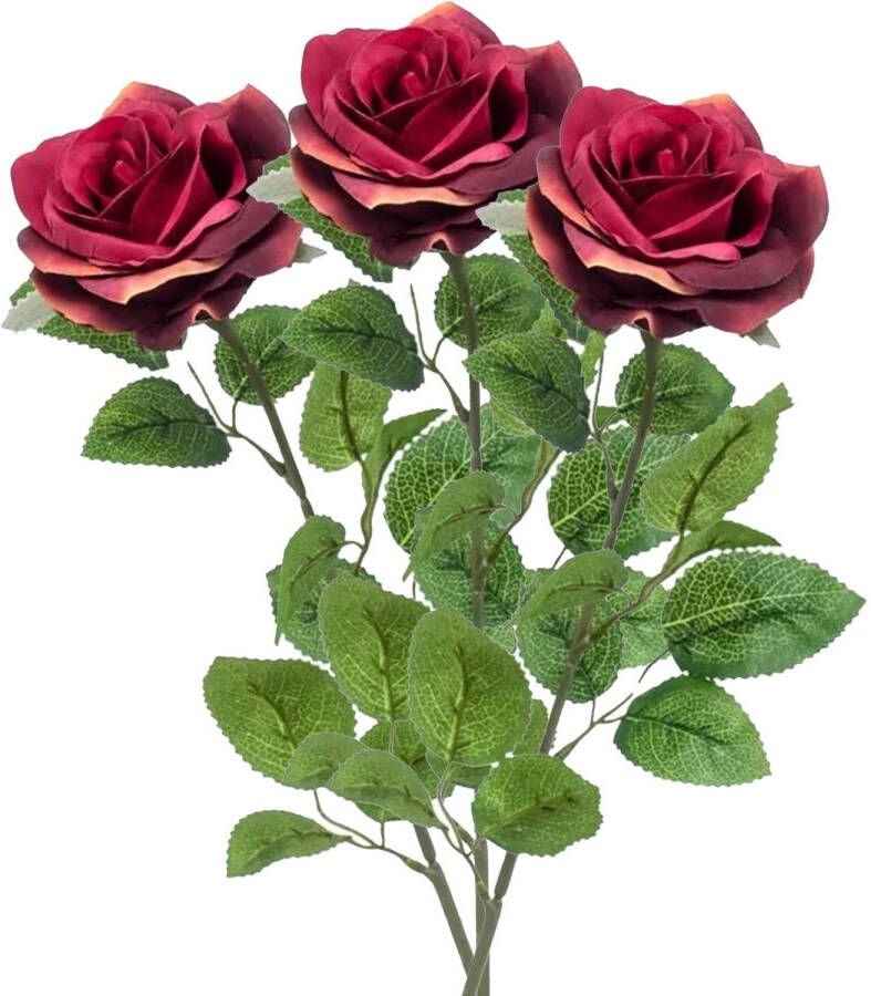 Emerald Kunstbloem roos Marleen 3x wijn rood 63 cm decoratie bloemen Kunstbloemen