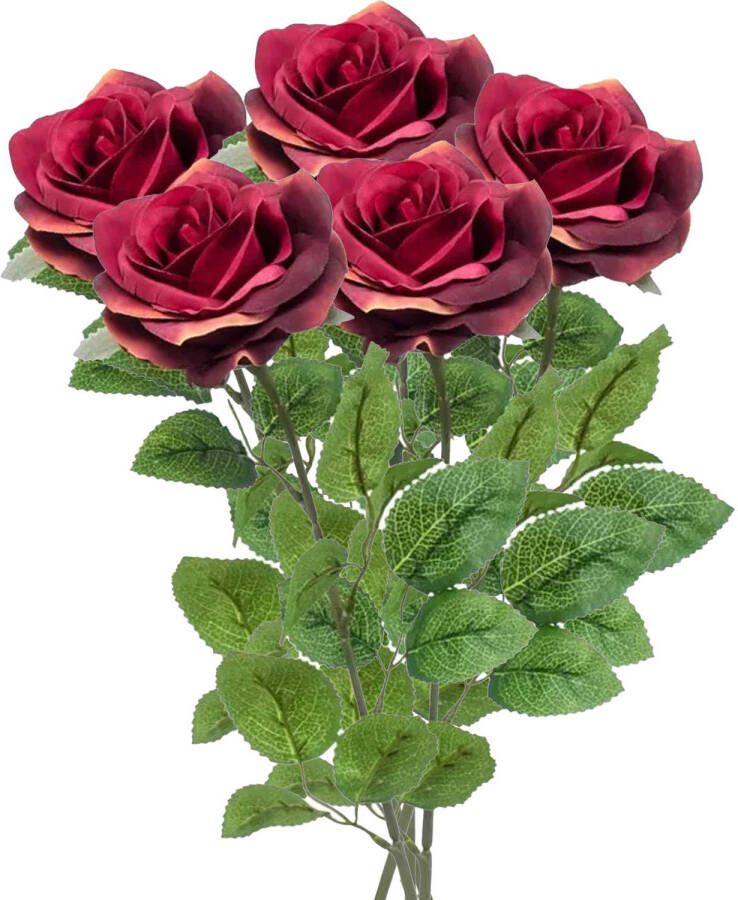 Emerald Kunstbloem roos Marleen 5x wijn rood 63 cm decoratie bloemen Kunstbloemen
