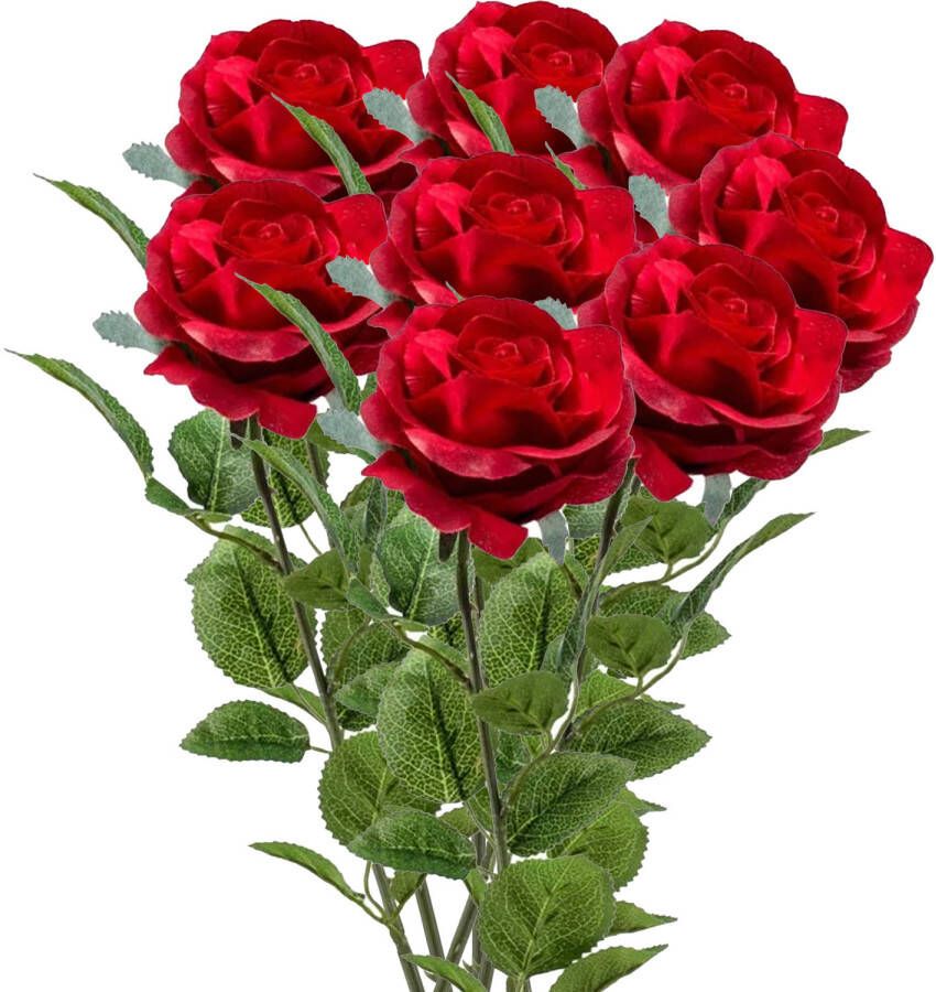 Emerald Kunstbloemen boeket roos Marleen 8x rood 63 cm decoratie bloemen Kunstbloemen