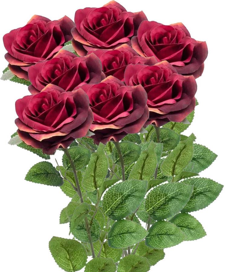 Emerald Kunstbloemen boeket roos Marleen 8x wijn rood 63 cm decoratie bloemen Kunstbloemen