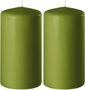 Enlightening Candles 2x Olijf groene cilinderkaarsen stompkaarsen 6 x 10 cm 36 branduren Geurloze kaarsen olijf groen Woondecoraties Stompkaarsen