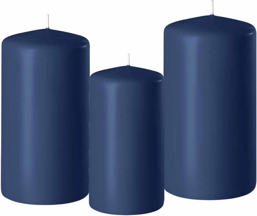Enlightening Candles 3x stuks donkerblauwe stompkaarsen 10-12-15 cm Stompkaarsen