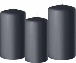 Enlightening Candles Set van 3x stuks donkergrijze stompkaarsen 10-12-15 cm met diameter 6 cm Sfeer kaarsen voor binnen Stompkaarsen