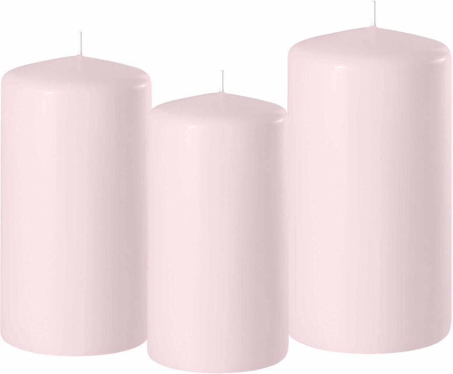 Enlightening Candles Set van 3x stuks lichtroze stompkaarsen 10-12-15 cm met diameter 6 cm Sfeer kaarsen voor binnen Stompkaarsen