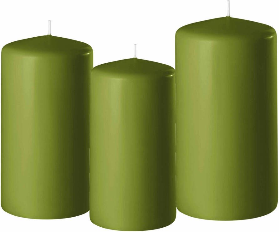 Enlightening Candles 3x stuks olijf groene stompkaarsen 10-12-15 cm Stompkaarsen