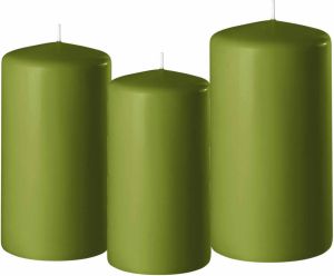 Enlightening Candles Set van 3x stuks olijf groene stompkaarsen 10-12-15 cm met diameter 6 cm Sfeer kaarsen voor binnen Stompkaarsen