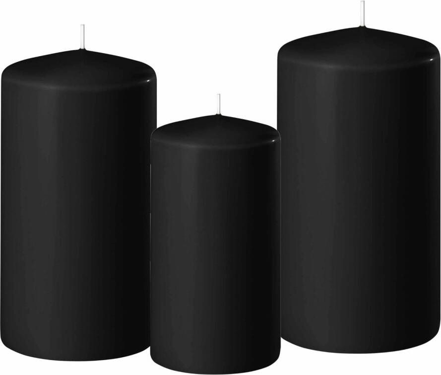 Enlightening Candles 3x stuks zwarte stompkaarsen 10-12-15 cm Stompkaarsen