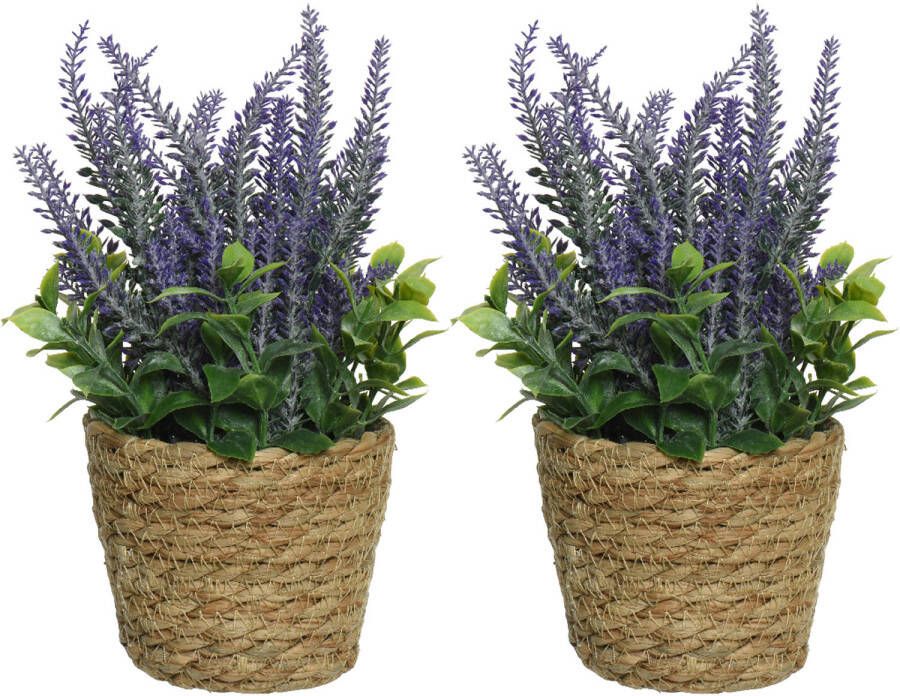 Everlands 2x lavendel kunstplant in gevlochten plantenmand paars D12 x H26 cm Kunstplanten