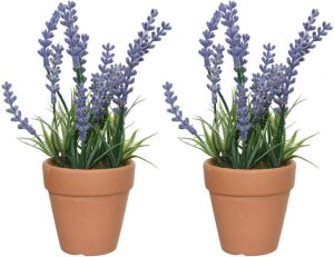 Everlands 2x lavendel kunstplant in terracotta pot lila paars D6 x H18 cm Kunstplanten