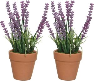 Everlands 2x lavendel kunstplant in terracotta pot paars D6 x H18 cm Kunstplanten