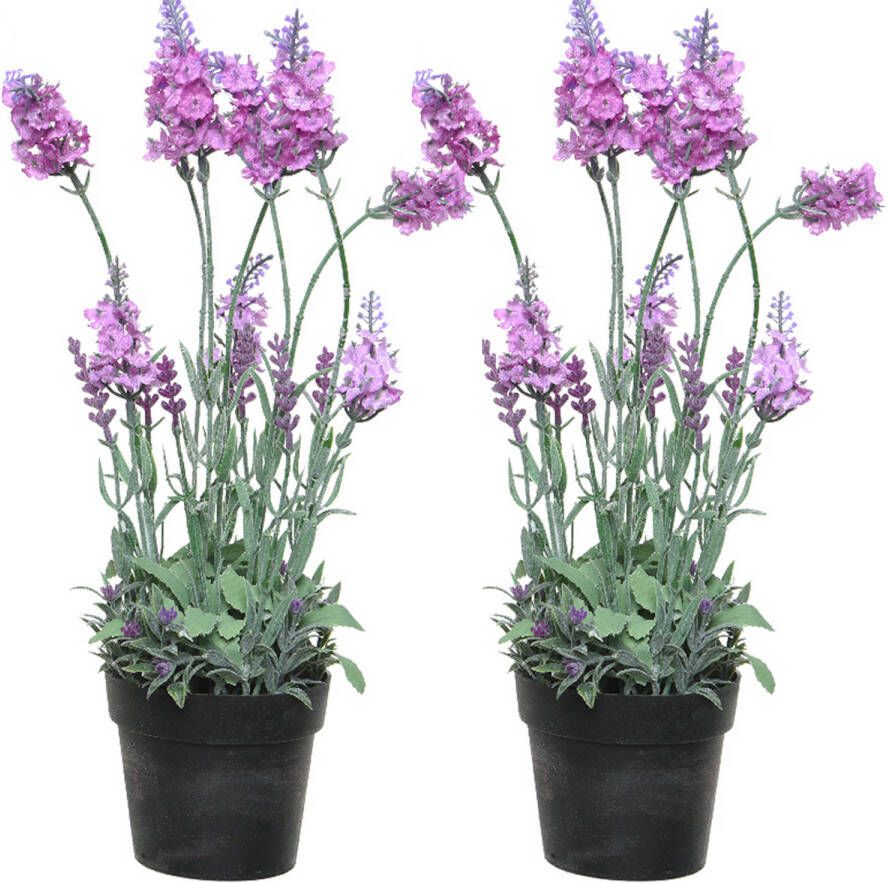 Everlands 2x stuks lavendel kunstplant in pot roze paars D18 x H38 cm Kunstplanten