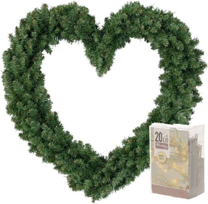 Everlands Kerstversiering kerstkrans hart groen 50 cm inclusief verlichting Kerstkransen