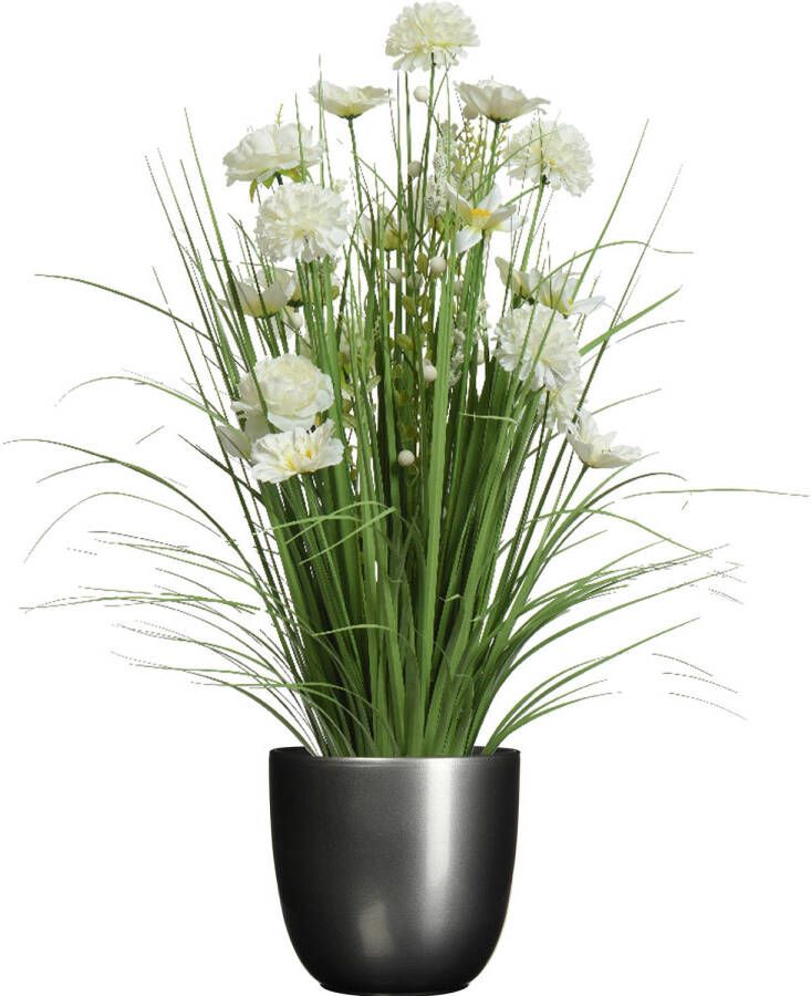 Everlands Kunstbloemen boeket wit in pot antraciet grijs keramiek H70 cm Kunstbloemen