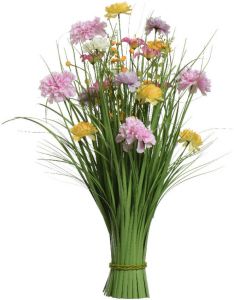 Everlands Kunstgras boeket bloemen anjers lila paars geel H70 cm lente boeket Kunstbloemen