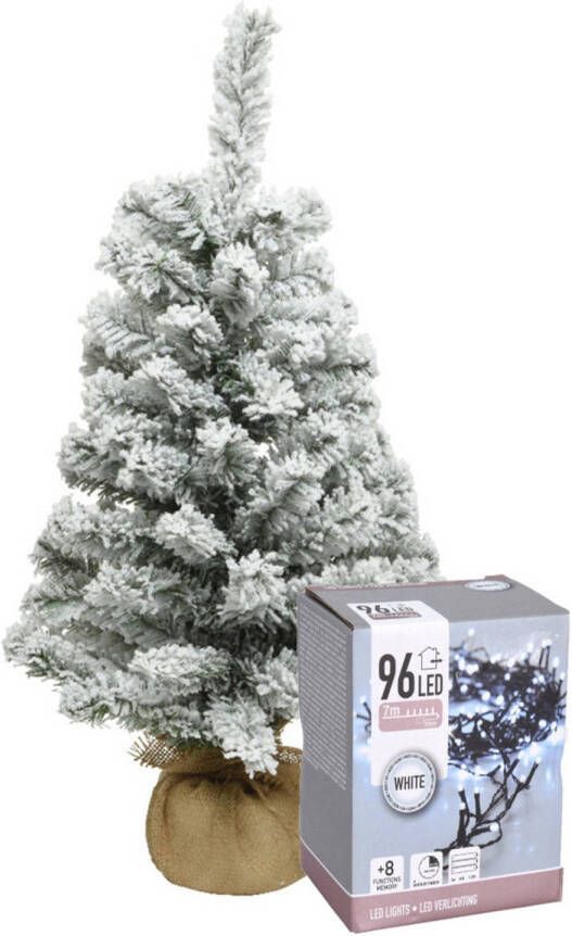 Everlands Mini kerstboom 60 cm met sneeuw en kerstverlichting helder wit Kunstkerstboom