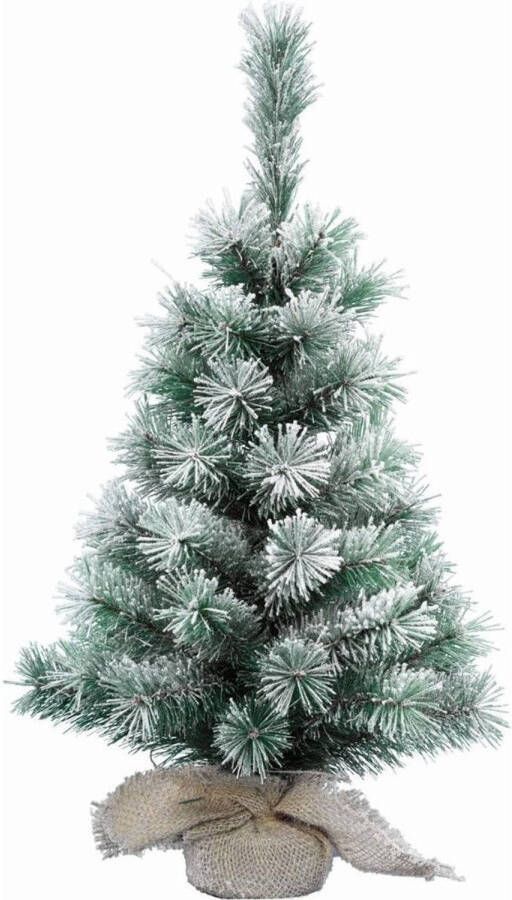 Everlands Mini kerstboom met sneeuw 60 cm in jute zak Kunstkerstboom