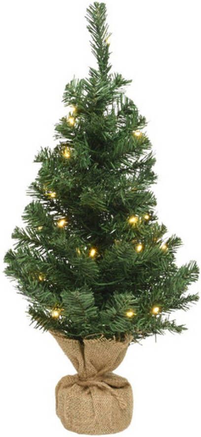 Everlands Volle mini kerstbomen groen in jute zak met verlichting 60 cm Kunstkerstboom