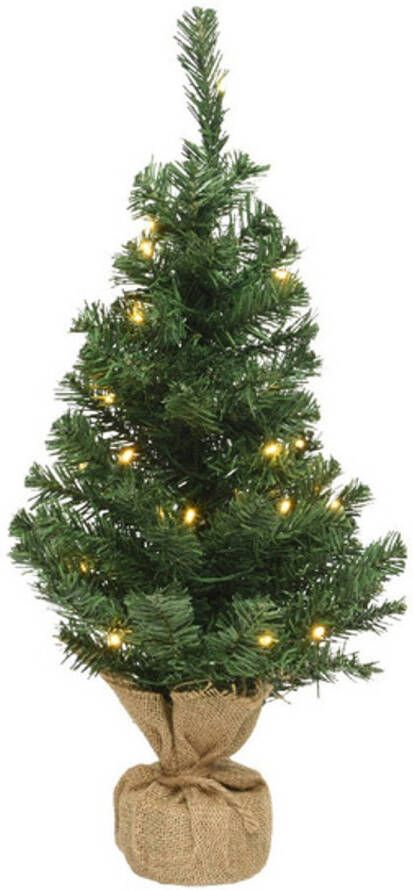 Everlands Volle mini kerstbomen groen in jute zak met verlichting 75 cm Kunstkerstboom