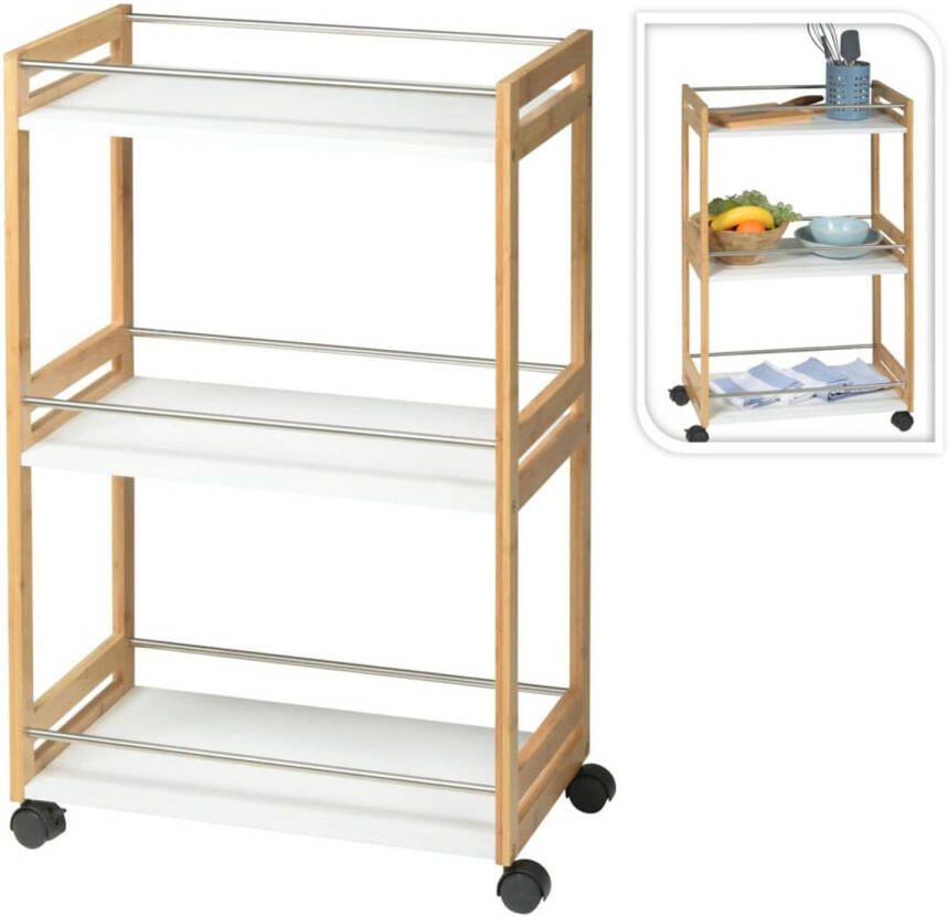 Excellent Houseware Keuken opberg trolley roltafel met 3 plankjes bruin wit bamboe 51 x 30 x 80 cm Opberg trolley