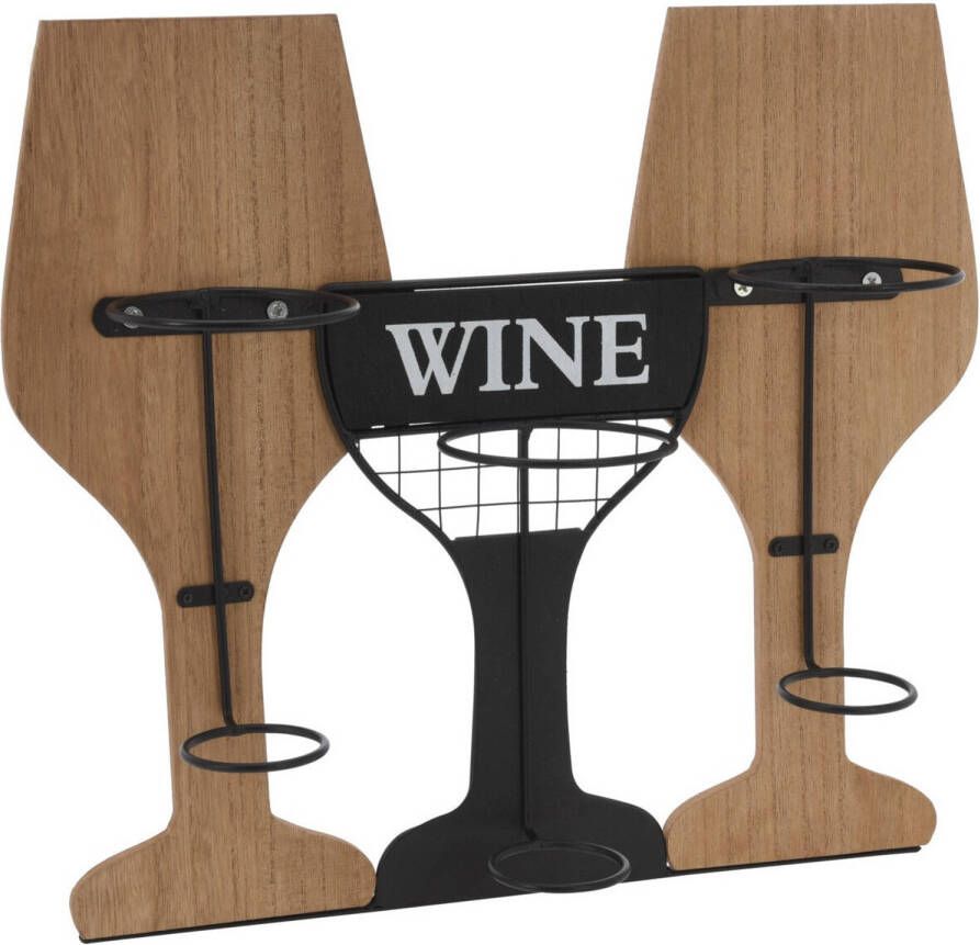 Excellent Houseware Metalen houten wijnflessen rek wijnrek in de vorm van 2 wijnglazen voor 3 flessen 35 x 15 x 31 cm Wijnrekken