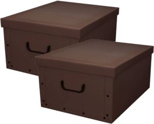 EXCELLENT HOUSEWARE Pakket van 2x stuks opbergbox opbergdoos van stevig karton in de kleur donkerbruin in formaat 51 x 37 x 24 cm met deksel en handgrepen Opbergbox