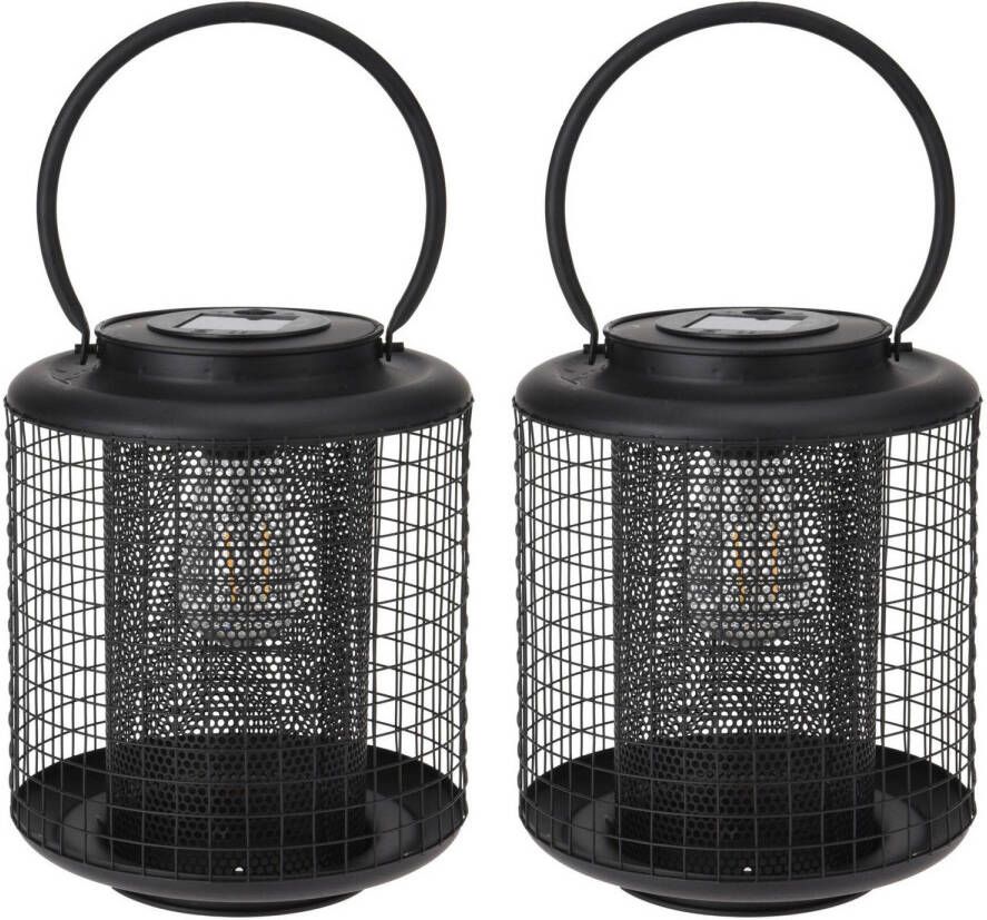 Excellent Houseware Set van 2x stuks zwarte solar LED lantaarns 22 cm Lantaarns