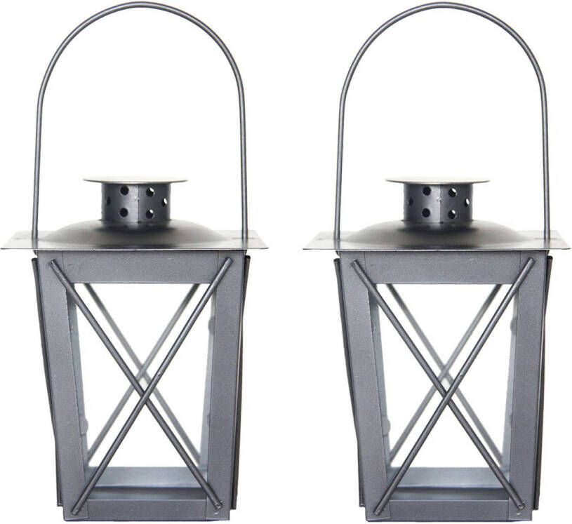 Fancy Flames Set van 2x stuks zilveren tuin lantaarn windlicht van ijzer 12 x 12 x 16 cm Lantaarns