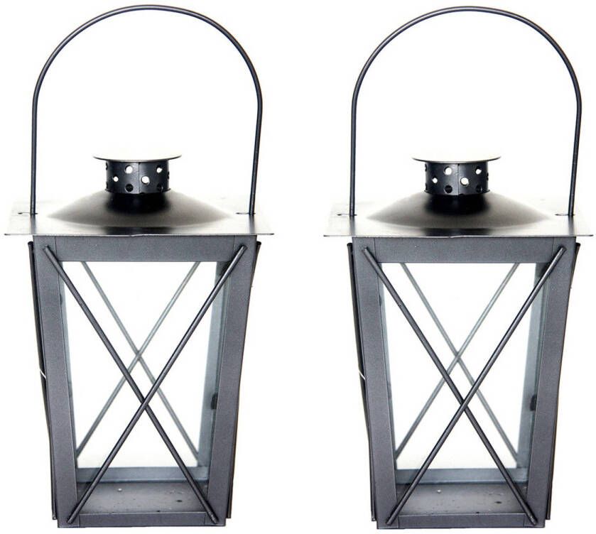 Fancy Flames Set van 2x stuks zilveren tuin lantaarn windlicht van ijzer 15 x 15 x 20 cm Lantaarns